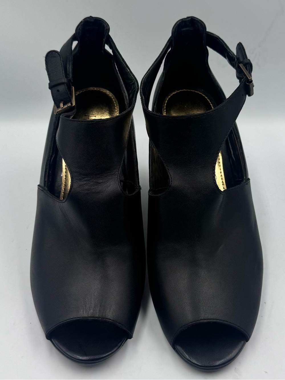 Lauren Ralph Lauren Hannie Black Leather Peep Toe Wedge Sandals 8B